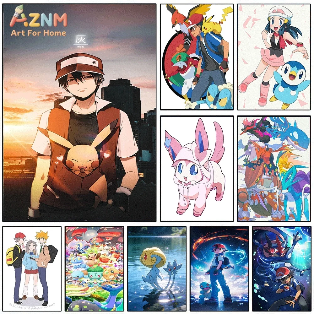 AZNM Anime Pokémon: Nova Impressão em Tela para Parede - Ash, Pikachu, Sylveon, Piplup, Greninja - Pôster de Arte de Desenho Animado Fofo, Pintura em Tela Sem Moldura