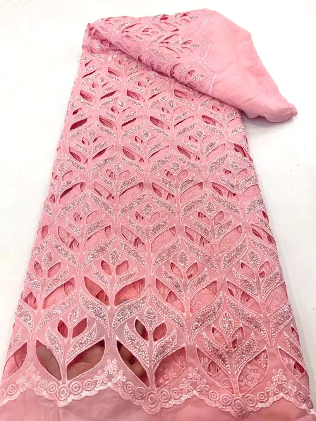 

High Quality Baby Pink Color Cord French Lace Fabric 21H-82406 Embroidered African Velvet Mesh with Stones For Lady Party Dress