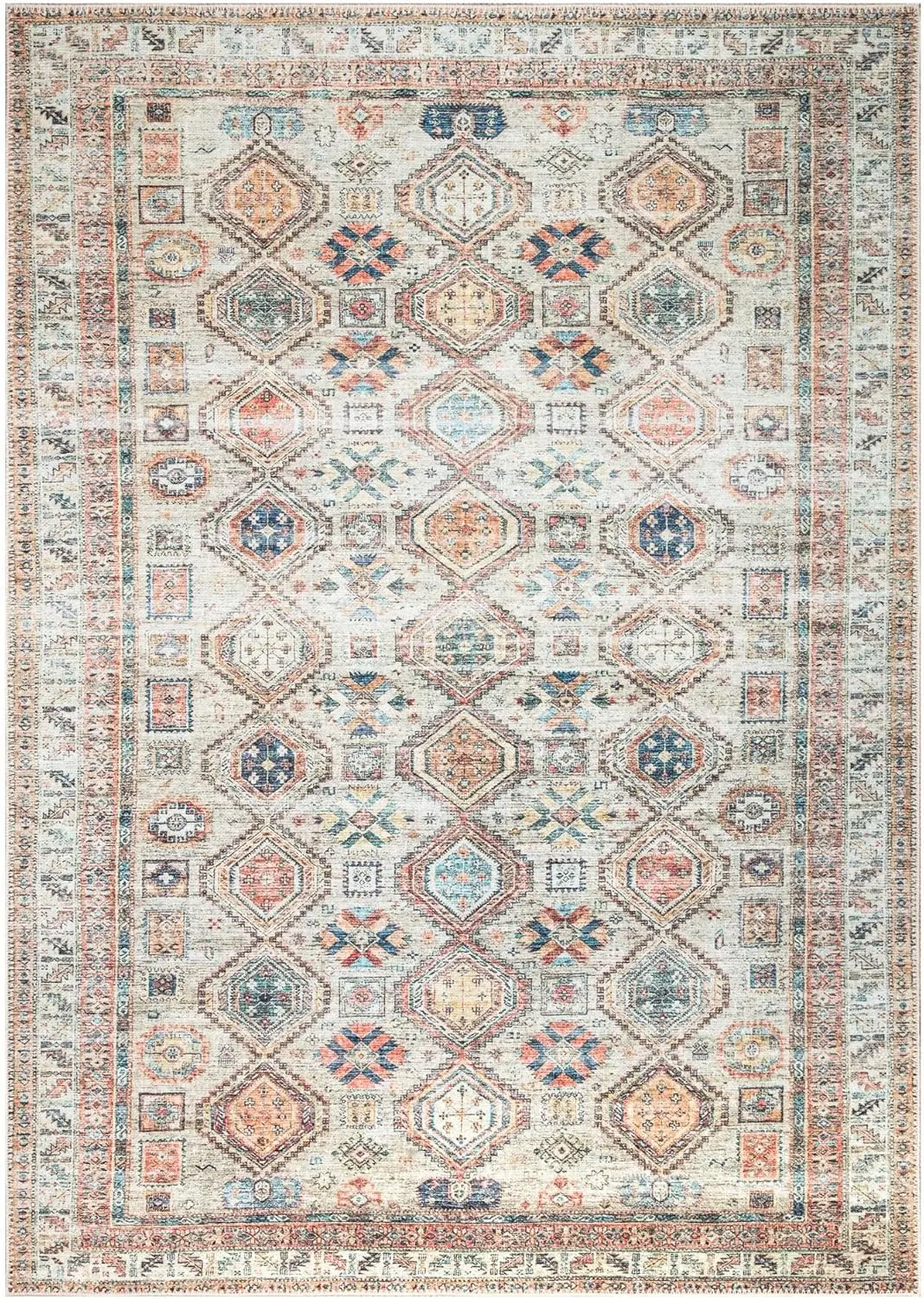 سجادة غير قابلة للانزلاق مقاس 3 × 5 - تصميم مغربي عتيق للمدخل والمطبخ والحمام - كومة منخفضة متينة