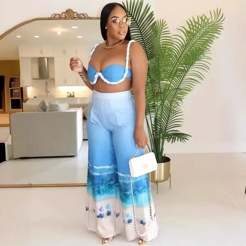 Sexy Nightclub Outfits for Women 2 Piece Set Birthday Vacation Bra Crop Top and Print Wide Leg Pants Matching Sets Beachwear