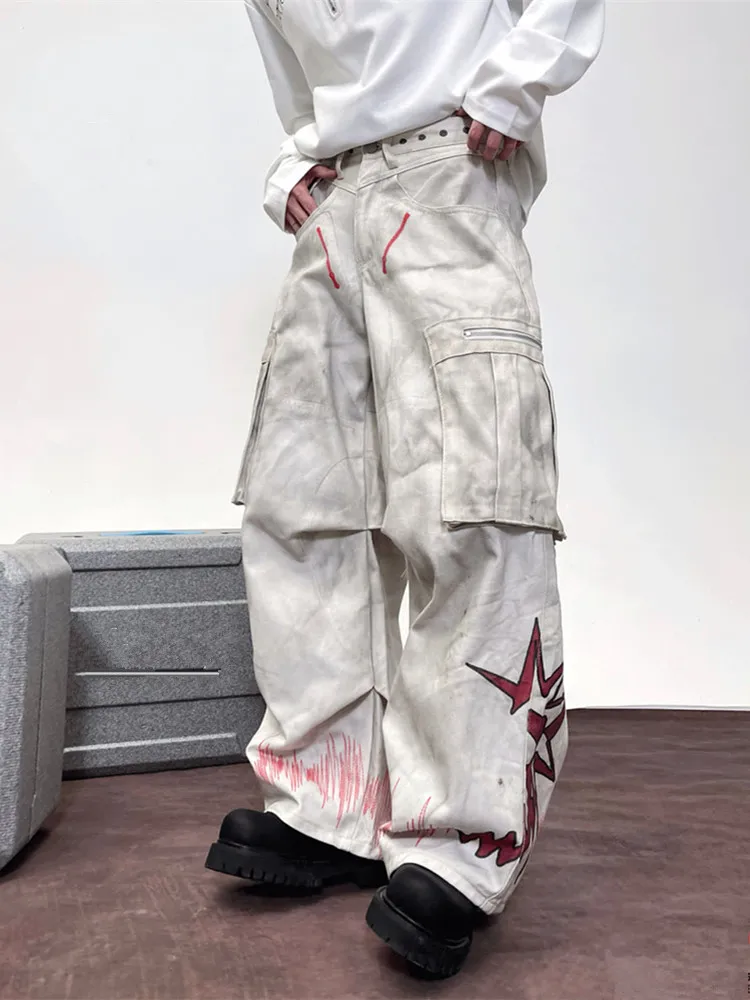 2025 Cyber Y2K Streetwear Dirty Washed White Baggy Cargo Jeans Pants For Men Clothing Wide Leg Straight Vintage Long Trousers