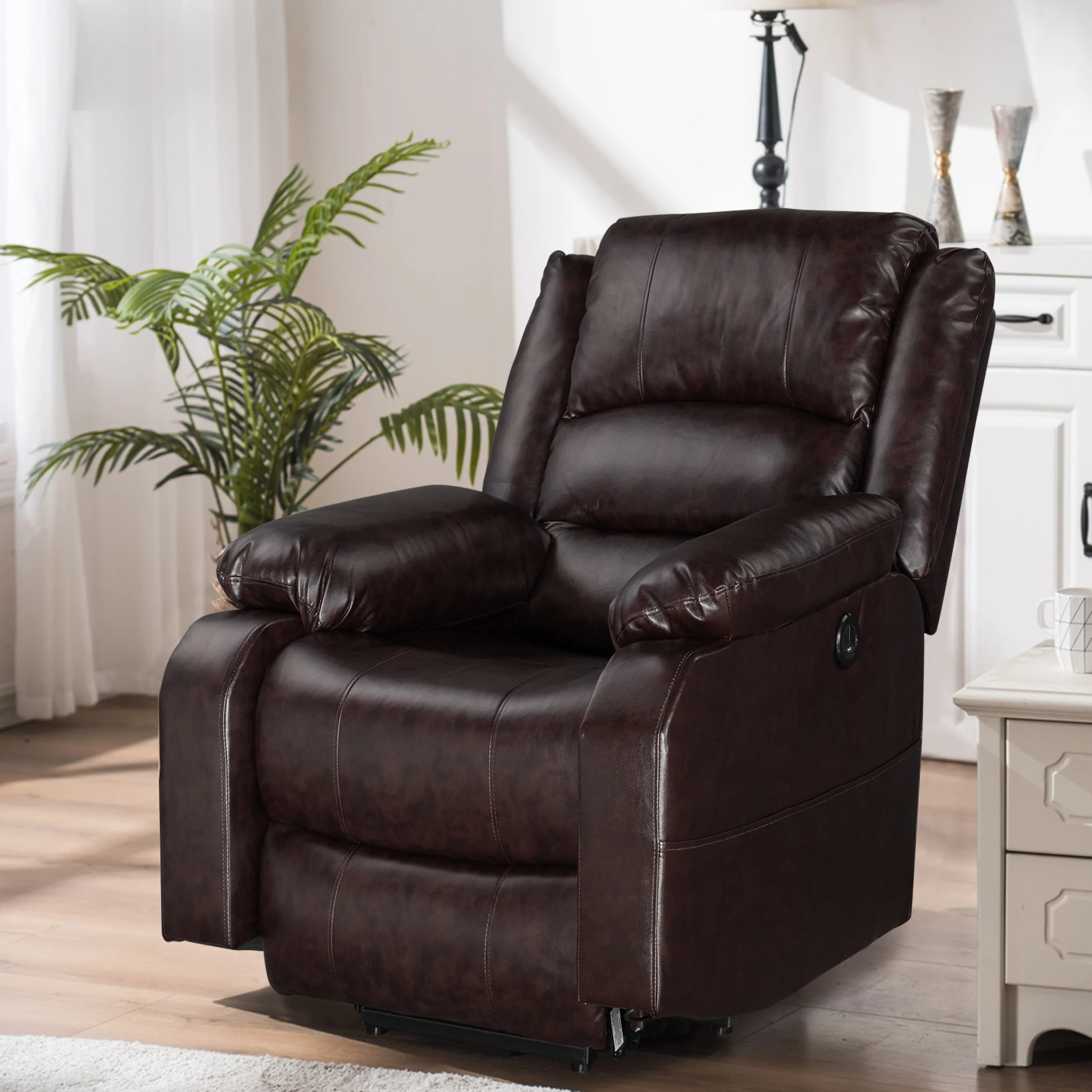 

Type C Electric Lift FunctionChairwith Massage Light Brown PU CombinationComfortableand Durable Suitable for Living Room Bedroom