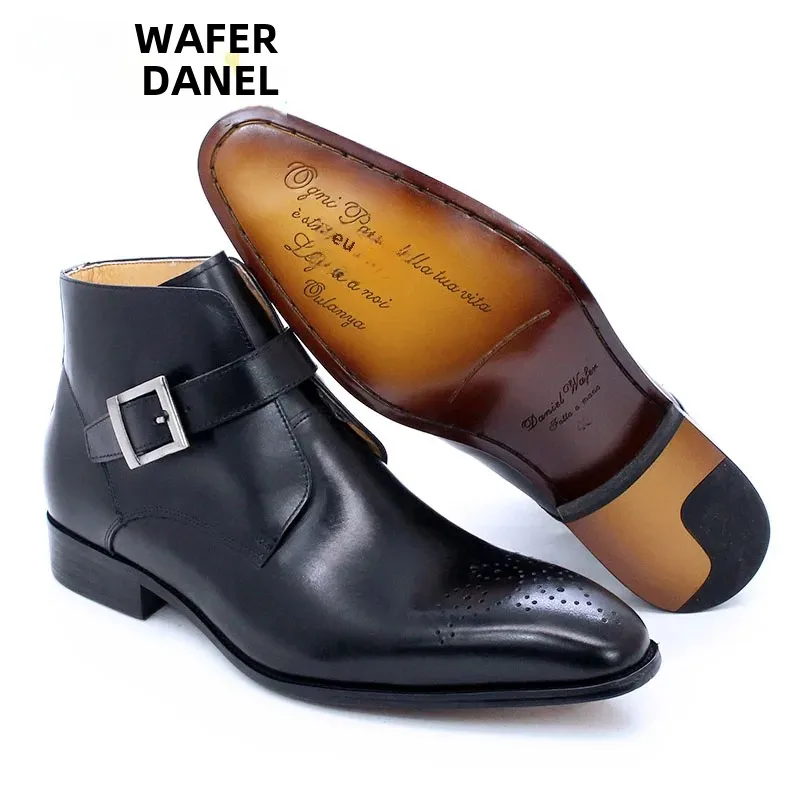 Luxury Men\'s Genuine Leather Ankle Boots Black/Blue Pointed Toe Slip-On Dress Shoes with Buckle Strap Casual Basic Style