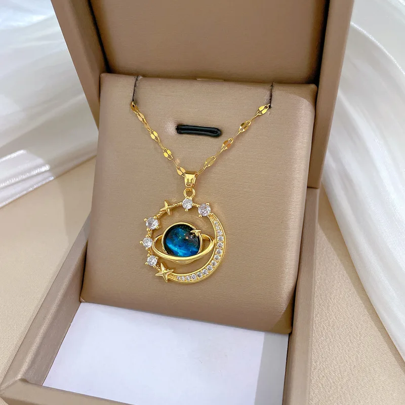 DIEYURO 316L Stainless Steel Blue Starry Planet Zircon Pendant Necklace For Women New Trend Fashion Collarbone Chain Jewelry Gif