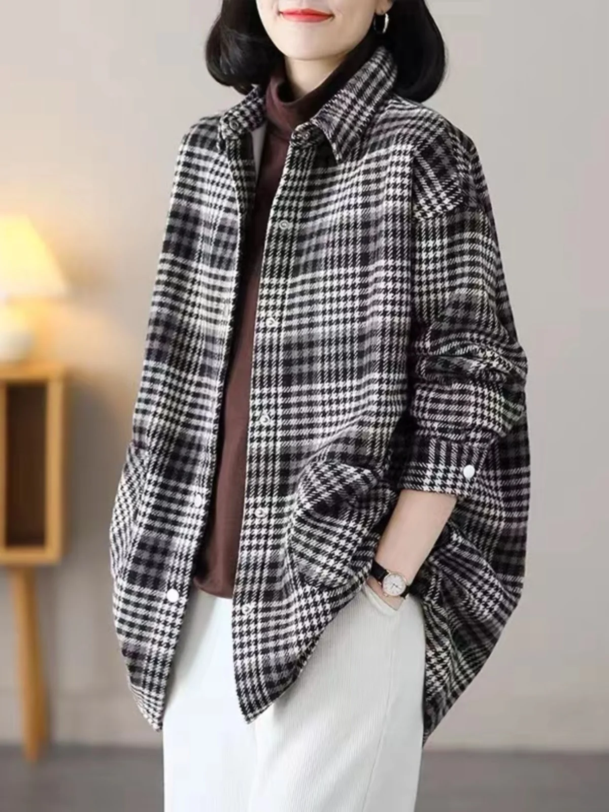 Plus Size Damen Casual Plaid Irt Long Sve Collar Loose Fit Frühling Herbst Top für Mütter und Damen