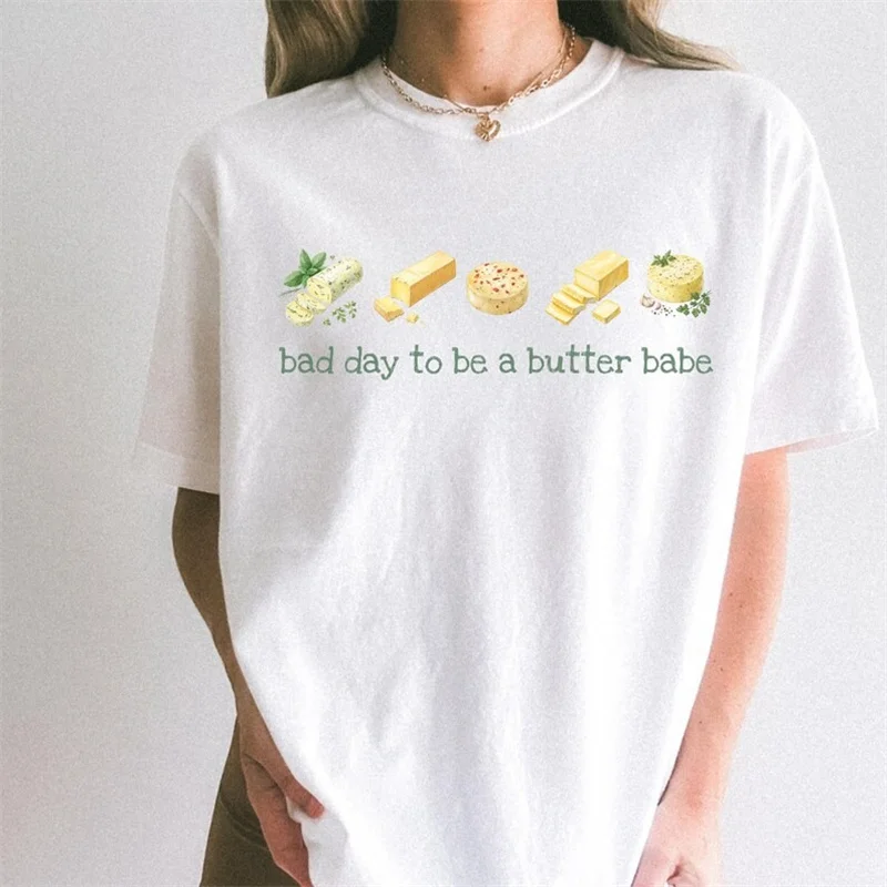 

Cheese Cake Printed Pattern Women's Simple T-Shirt Top Basic Cartoon Cute Style Short Sleeved Street White Women's T-Shirt