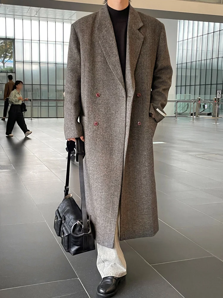 

Korean Style Long Dropped Shoulder Man Suit Jackets Herringbone Double-Breasted Luxury Men's Blazer Double Slits Winter Coat New