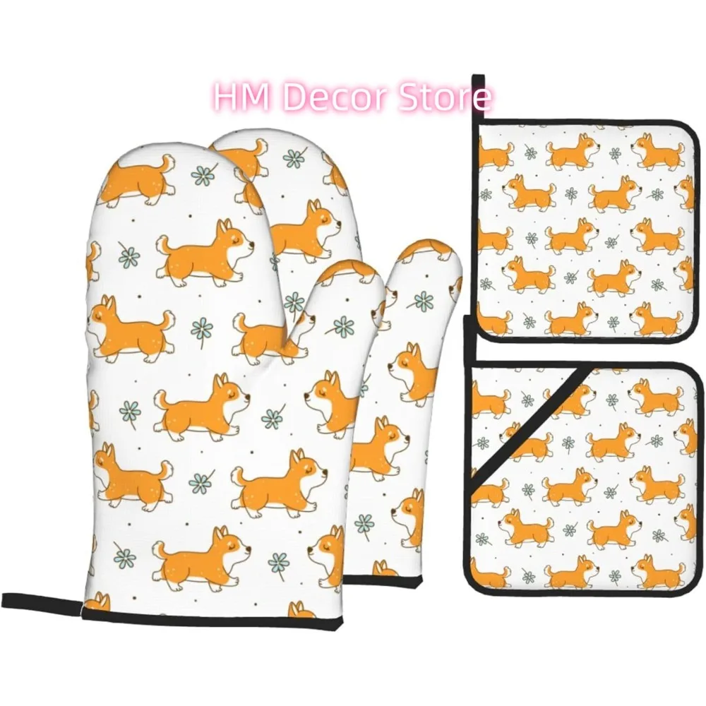 Cute Corgi Flowers Oven Mitts and Pot Holders Sets of 4, Cooking Gloves Non-Slip Heat Resistant Polyester Country Cute Style Ove