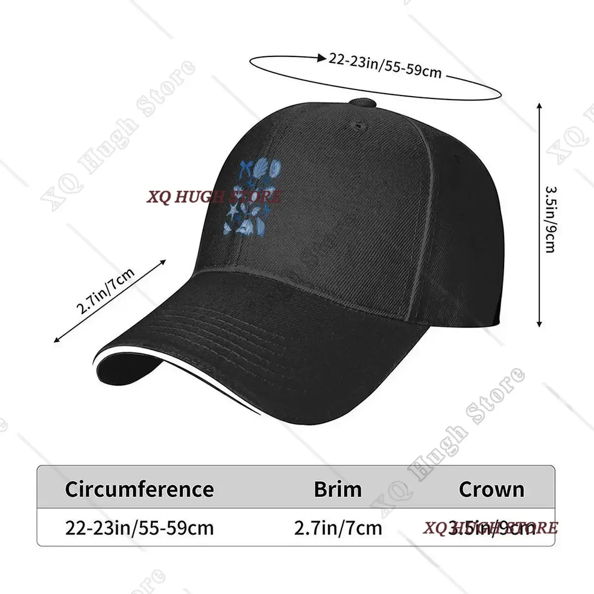 Blue Seashells Bows Ocean Coastal Nautical Pattern Hip Hop hat Fashion Outdoor Sports Sandwich Baseball Cap