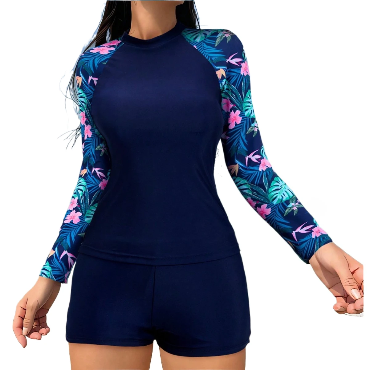 

One Piece Swimsuit for Women Floral Print Long Sleeve Bikini Set with Shorts