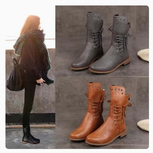 

Women's Boots Flat ort Tube Warmth Low Heel Side Zipper round Toe PU Leather Rubber Bot Spring Autumn Wear