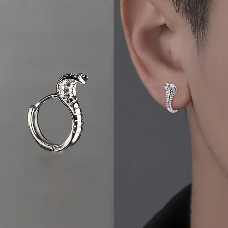 1PCS Hip Hop Punk Gothic Copper Zircon Green Eye Snake Earrings Personality Cool Cobras Hoop Earrings Jewelry For Men Women