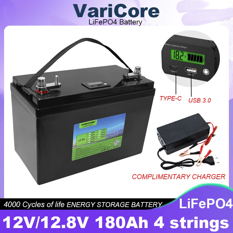 12.8V 180AH LiFePO4 Battery 12V 4s Lithium Batteries USB 3.0 Type-C Output For Campers Golf Cart Off-Road Solar 14.6V Charger