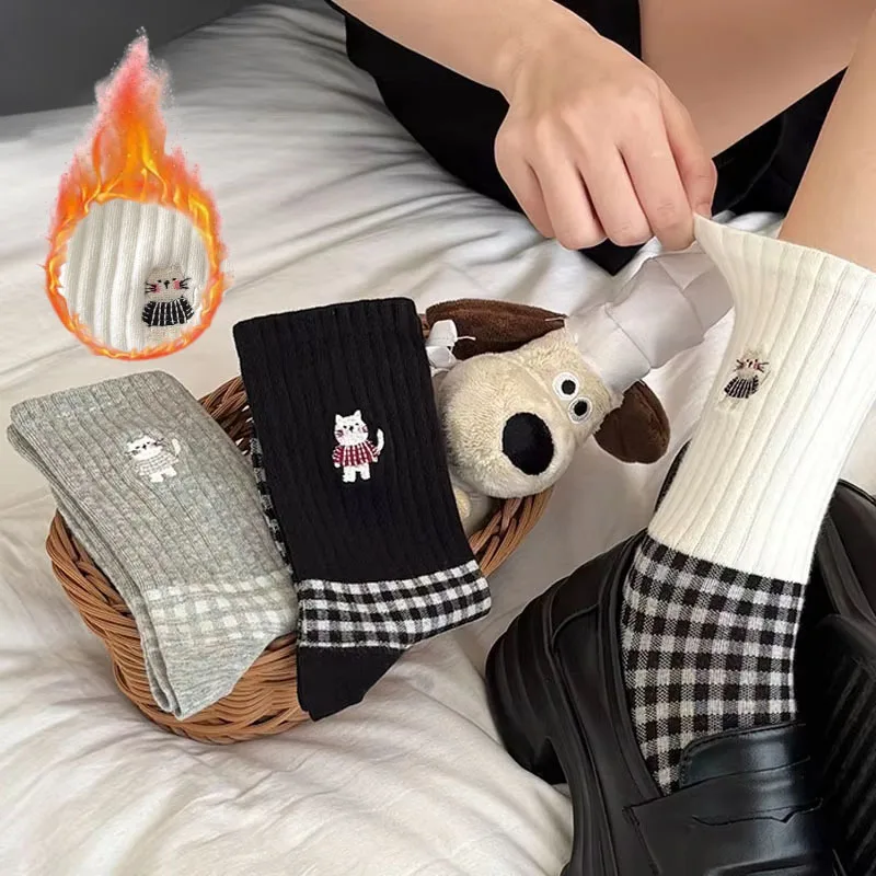 1-10Pairs Japanese Style Gray Grid Cat Pattern Mid Calf Socks Kawaii Cartoon Design Breathable Cotton for Teen Girls School