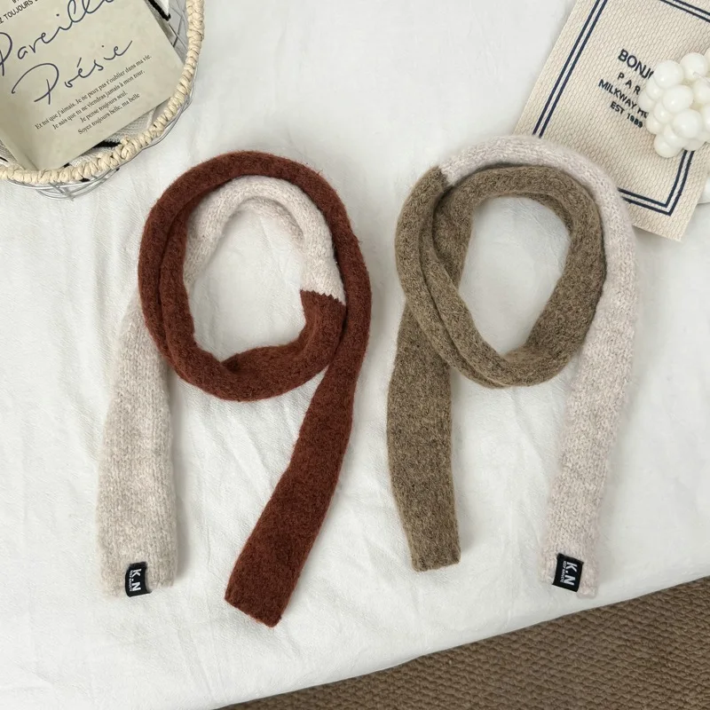 Korean Style Artistic Long Thin Narrow Plush Knitted Scarf Women's Warm High-Grade Versatile Decorative Color Matching Scarf