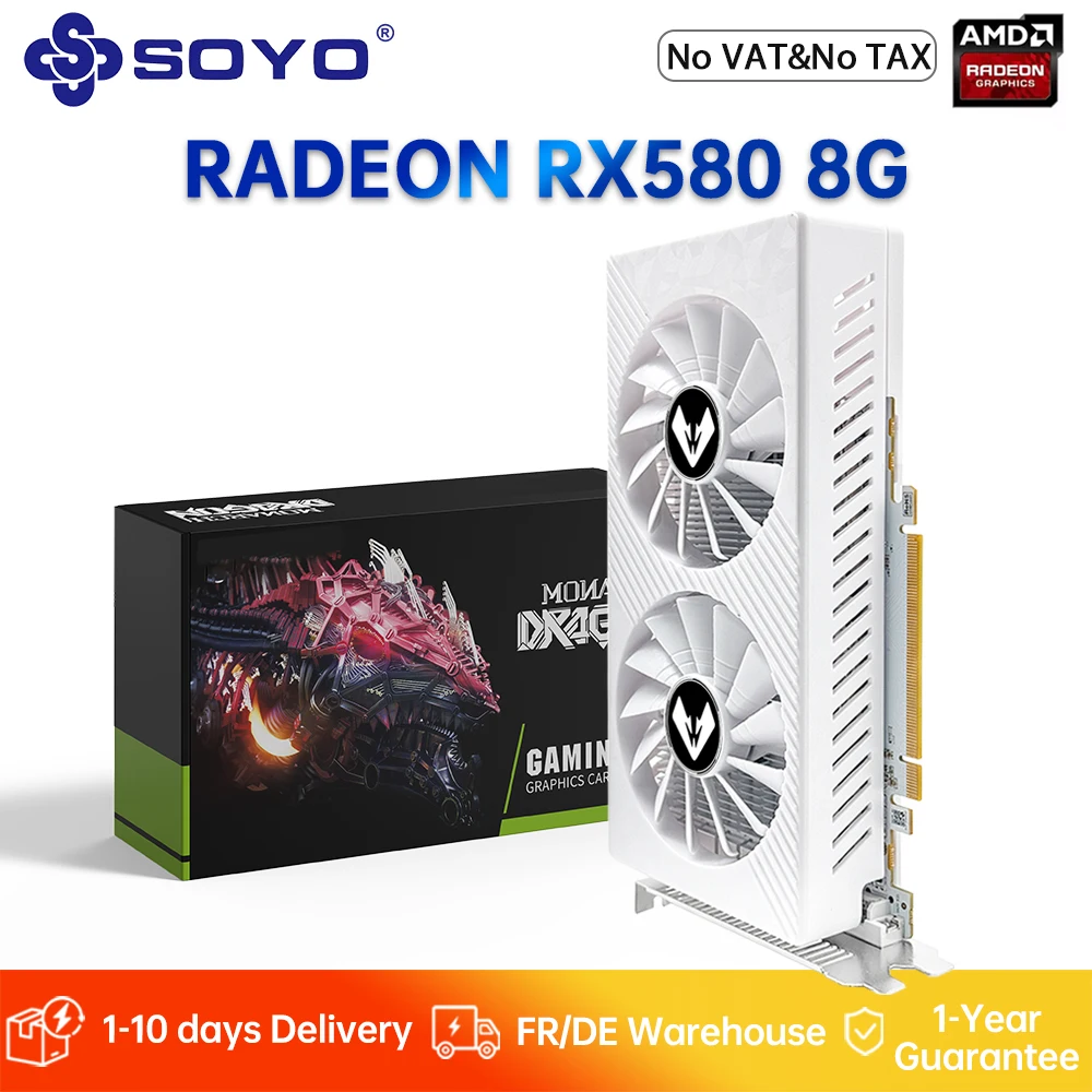 SOYO AMD Radeon RX580 8G Grafikkarte GDDR5 Speicher 256Bit GPU-Karte PCIe 3.0 x16 HDMI-kompatibel DVI für Computerkomponenten