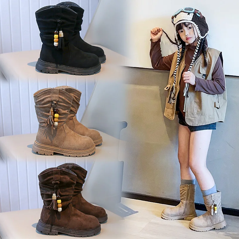 

2025 г., модные ботинки высокого качества для девочек до середины икры, детские модные ботинки в стиле ретро, детские ботинки на боковой молнии, осень-зима