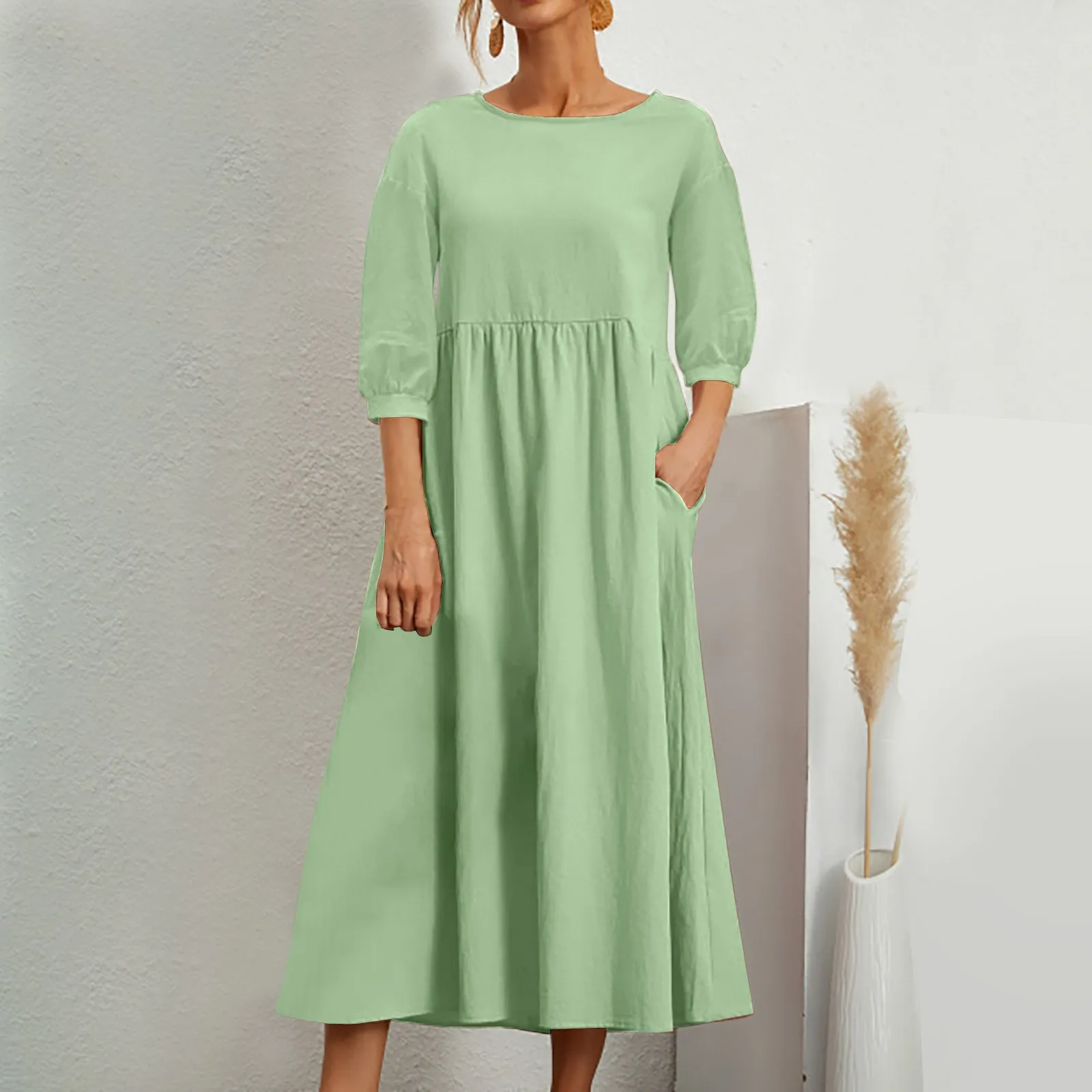 

2024 Ladies Summer Casual Long Dress Solid Color Round Neck Half Sleeved Maxi Dress Women'S Fashion With Pockets Loose Dresses