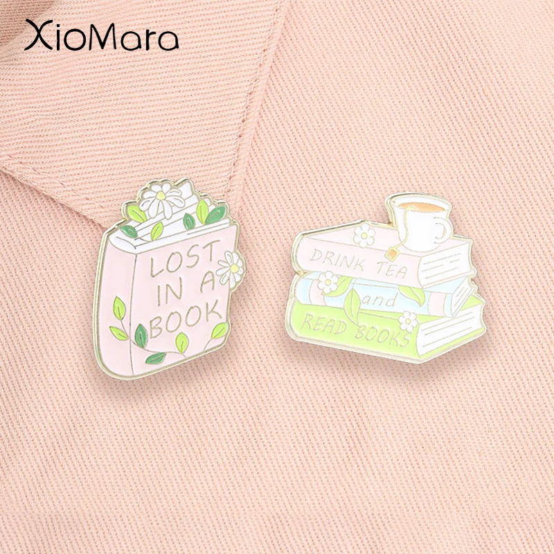 Lost In A Book Enamel Pins Drink Tea Read Books Floral Book Bookworm Brooches Lapel Badge Jewelry Gifts for Reading Lover Friend