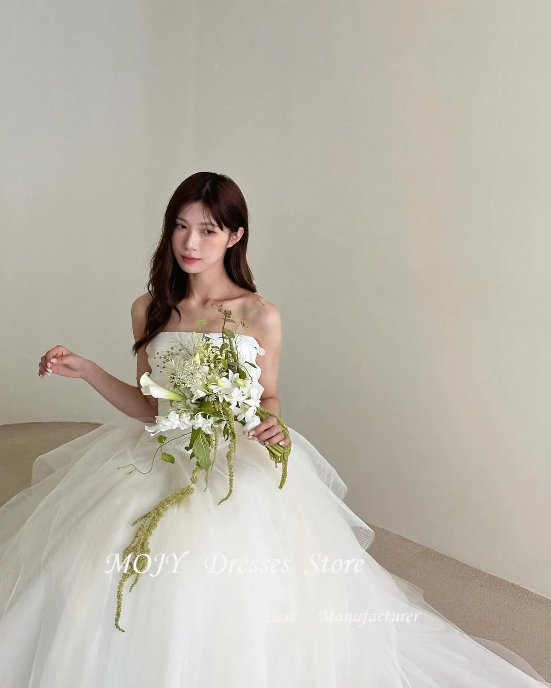 

Mojy Strapless A-line Korea Wedding Dresses Fairy Tulle Sleeveless Evening Dress Photos Shoot Customized Bride Party Gown