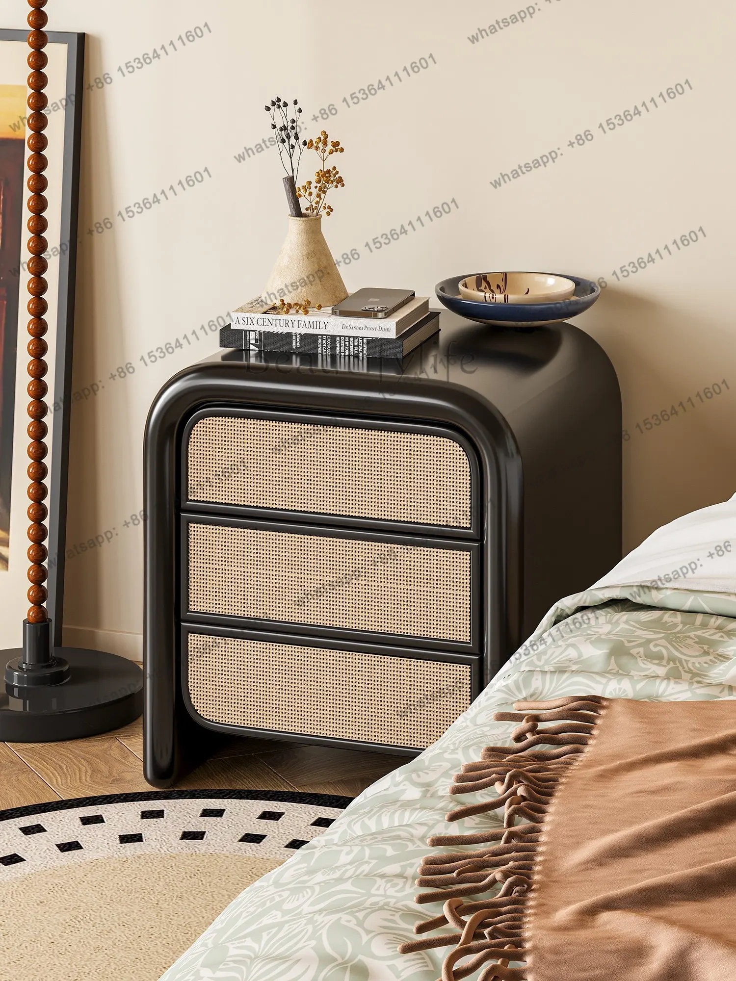 

Japanese retro mini solid wood bedside table simple bedroom rattan storage locker