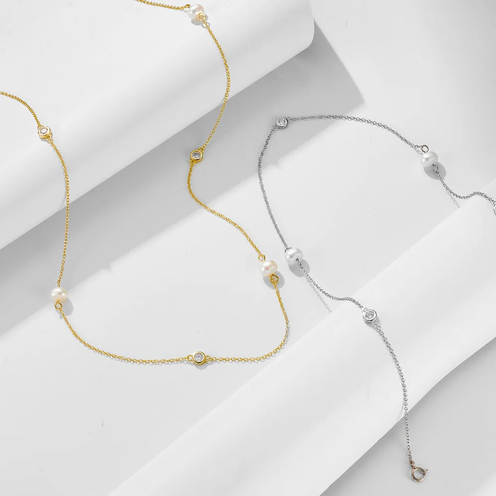 

Korean Style S925 Sterling Silver Niche Necklace, Natural Freshwater Pearl & Zircon, INS High-End Collarbone Chain for Women