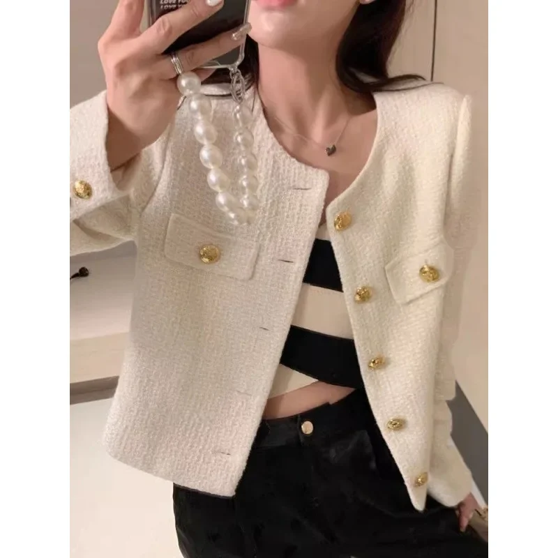 

Весенне-осенний новый стиль, короткая ветровка с круглым вырезом, ароматная ветровка, женская куртка небольшого размера во французском стиле с длинными рукавами, куртки для женщин