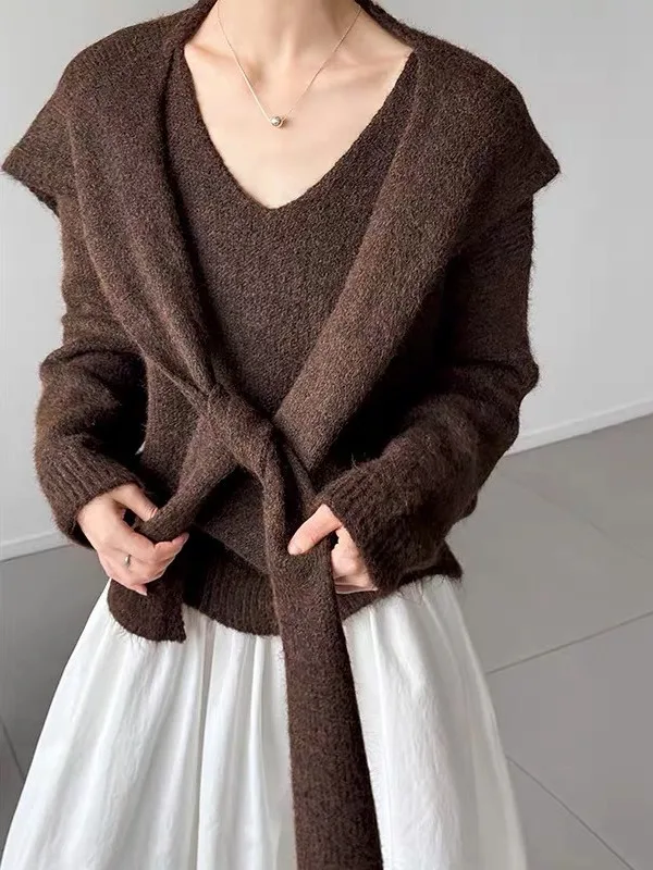 Cafe Brown Mermaid Style Women's Knitted Sweater Korean Lazy Fashion Spring Autumn V-Neck Long Sleeve Loose Fit Top
