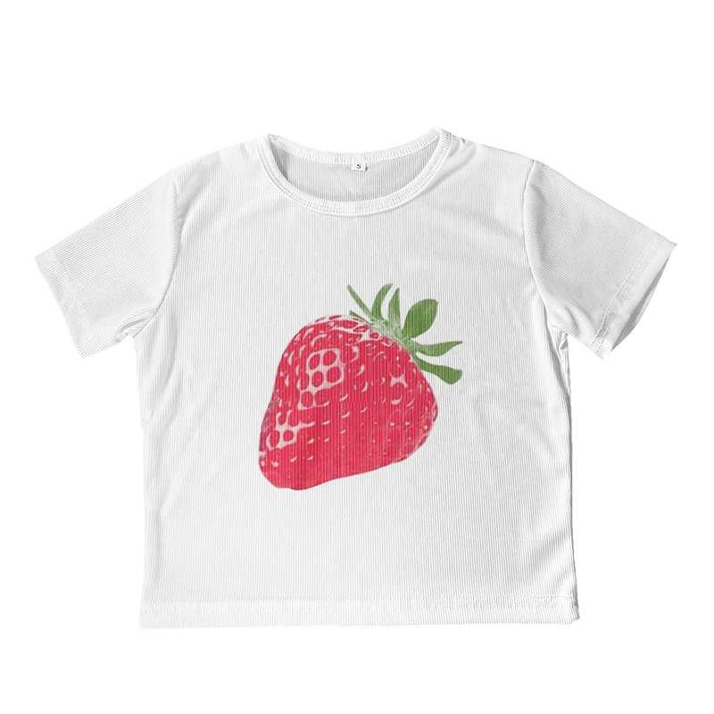 2024 New Simple Strawberry Printing Cute Womens Short Sleeve Round Neck Tight Fitting Summer Retro Sexy High Street Y2k Clothing