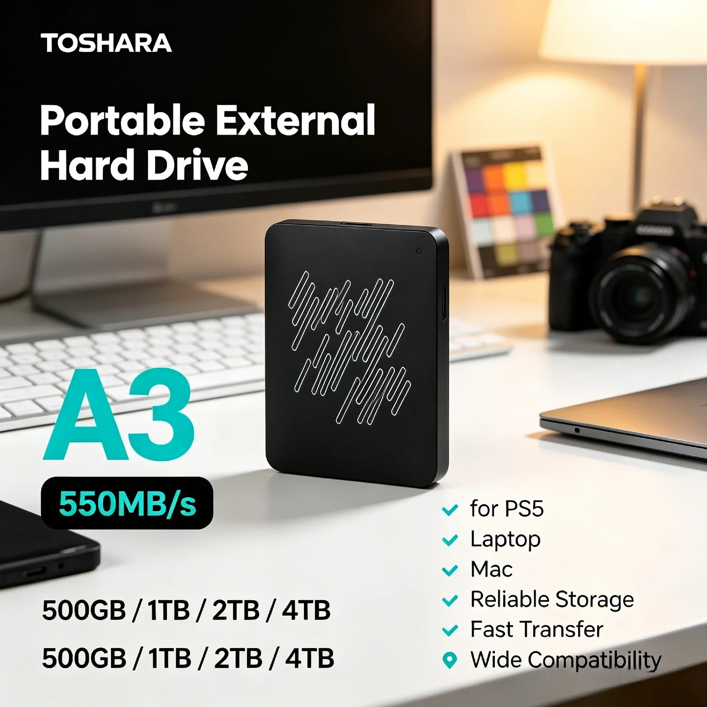 A3 TOSHARA Portable External Hard Drive 550MB/s 4TB 2TB 1TB 500GB for PC Laptop Mac Lightning Performance Rapid Load Response