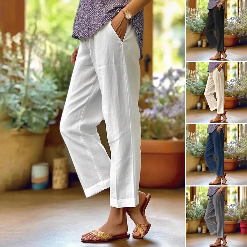 ตรงกางเกงผู้หญิงที่มีกระเป๋าสุภาพสตรีผ้าฝ้ายผ้าลินินStreetwearหญิงข้อเท้ากางเกงฤดูร้อนสวมใส่กางเกง