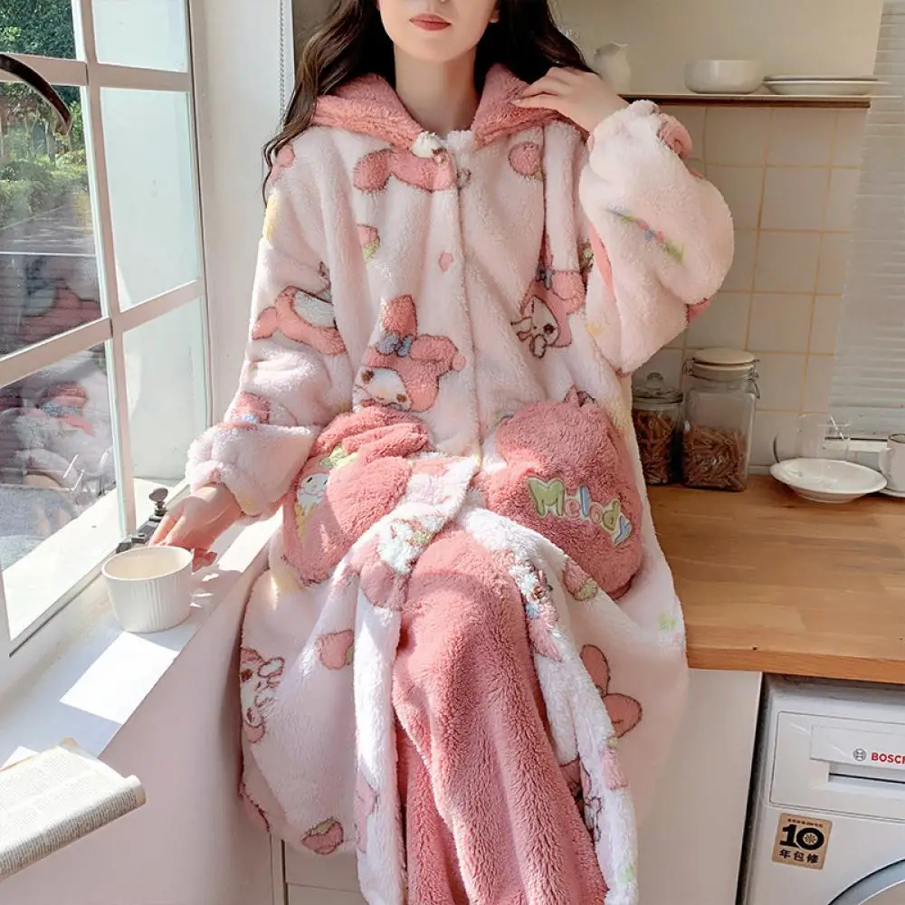 

Плюшевый пижамный комплект из 2 предметов, аниме My Melody, женский коралловый бархатный зимний длинный бархатный утолщенный халат с капюшоном и котом, плюшевая домашняя одежда