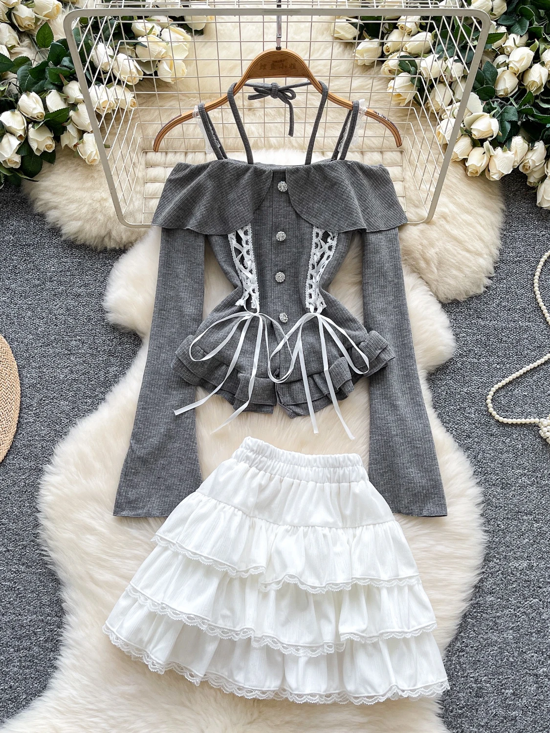 

Юбка-тортик Ele College Sle, комплект из двух предметов, длинный топ с высокой талией и бретельками на одно плечо, юбка для выпечки