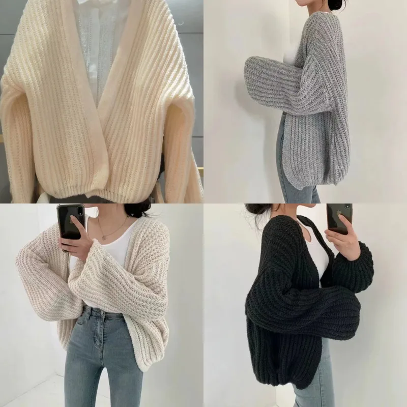 

Chic Versatile Solid Color Knitted Long Sleeved Women's Shirt 2024 New Autumn Casual V Neck Loose Sweater Jacket Street Cardigan