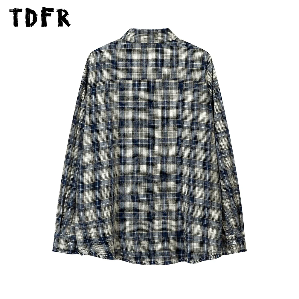 Raw edge Plaid Long Sleeve Shirts Mens Retro Streetwear Autumn High Street Lapel Single Breasted Shirts Men