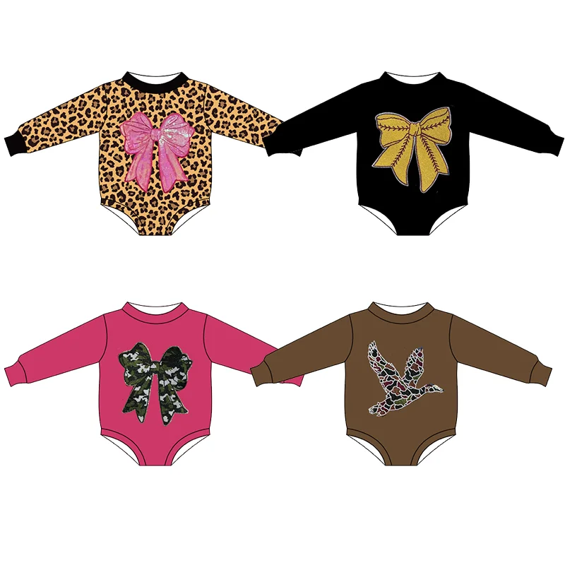 

Girls Boutqiue Clothing Long-sleeved Leopard Print Bow Romper Wild Goose Print Newborn Bodysuit Milk Silk