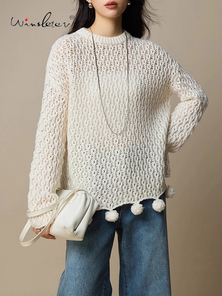 

Winsleter-100% шерсть Элегантный свитер, вырез с круглым вырезом, женский модный универсальный свободный вязаный свитер, осень-зима 2025 T5O041CC