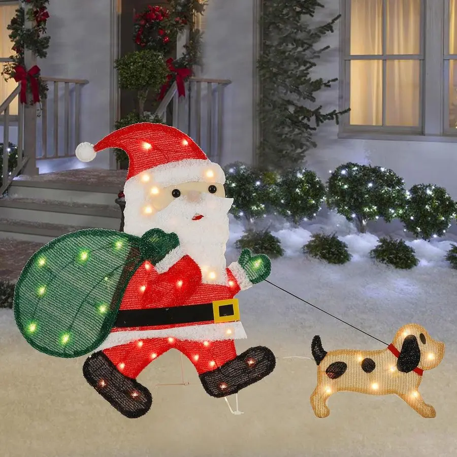 

Lighted Christmas Santa Claus with Puppy, 26.5 Inch PreLit 2D Tinsel Santa Walking Dog Xmas Outdoor Yard Decor with Lights, Ligh