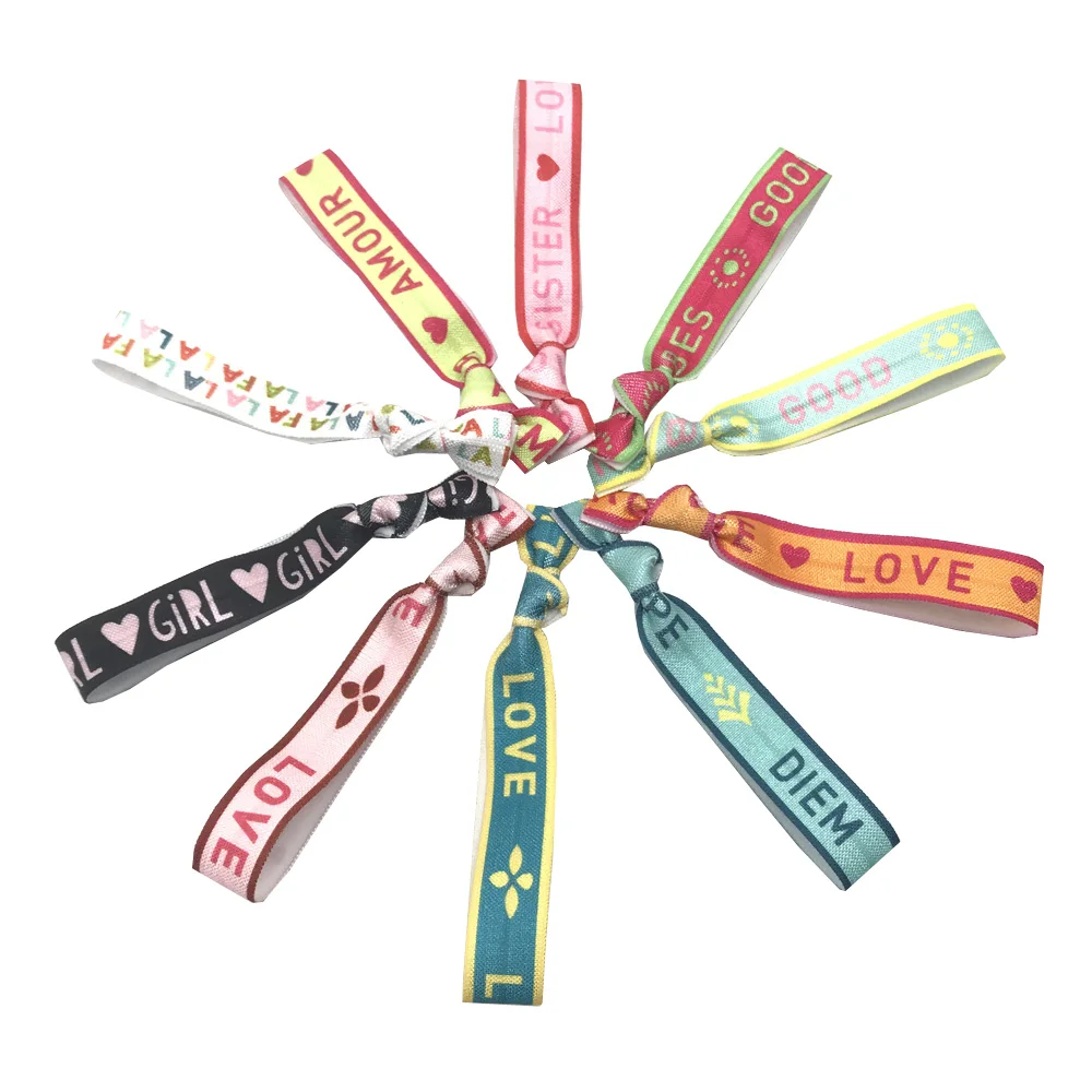 100 Stück Happiness AMOUR LABELLE geknotetes Haargummi-Armband Good Vibes Carpe Diem Love Print Pferdeschwanzhalter Gummiband-Armband – Detail 5