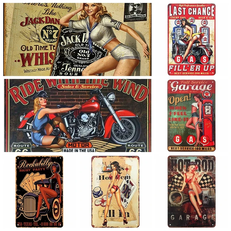 Vintage Metal Pin Up Girl Cool Women On Motorbike Station Hot Rod Garage Funny Retro Signs For Cafes Bars Pubs Wall Decor