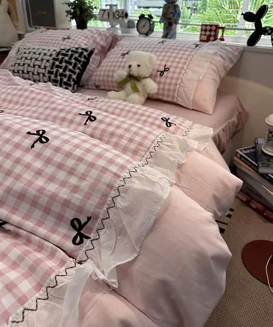 

Sweet fairyfair pink blue plaid bow bedding set 1.5 1.8,full queen elegant cotton home textile bed sheet pillow case quilt cover