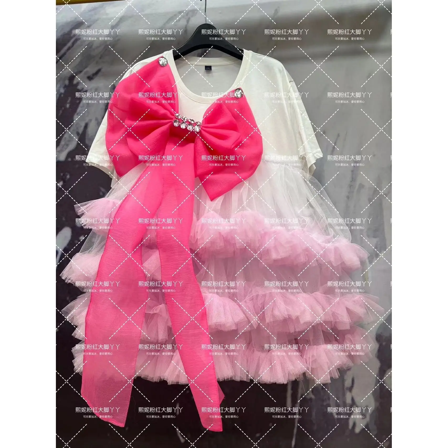 3D Bowtie Ribbons Diamonded Long T-shirt Dress Mesh Spliced Ruffles Yarn Ruched Skirt Short Sleeve Gauze Pleated Tees Vestido