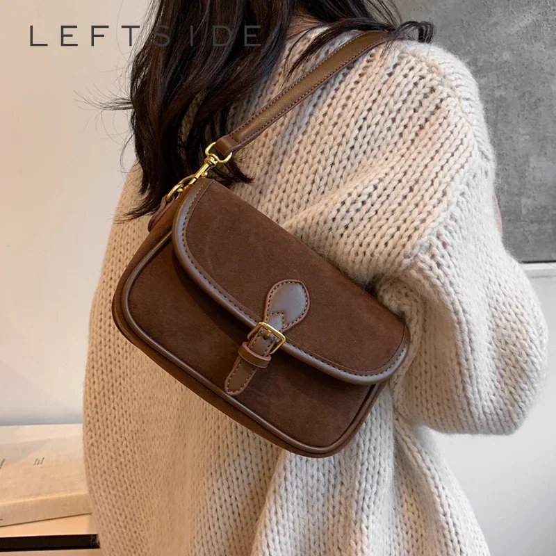 LEFTSIDE 2024 Retro New Leather  Design Small Flap Bag Women Fashion Handbags and Purses Shoulder Bag Lady Crossbody Bag