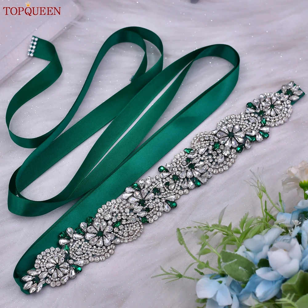 

TOPQUEEN Wholesale Rhinestone Bridal Belt And Sash Green Diamond Wedding Belt For Wedding Accessories Women Dress Belt S120-KL