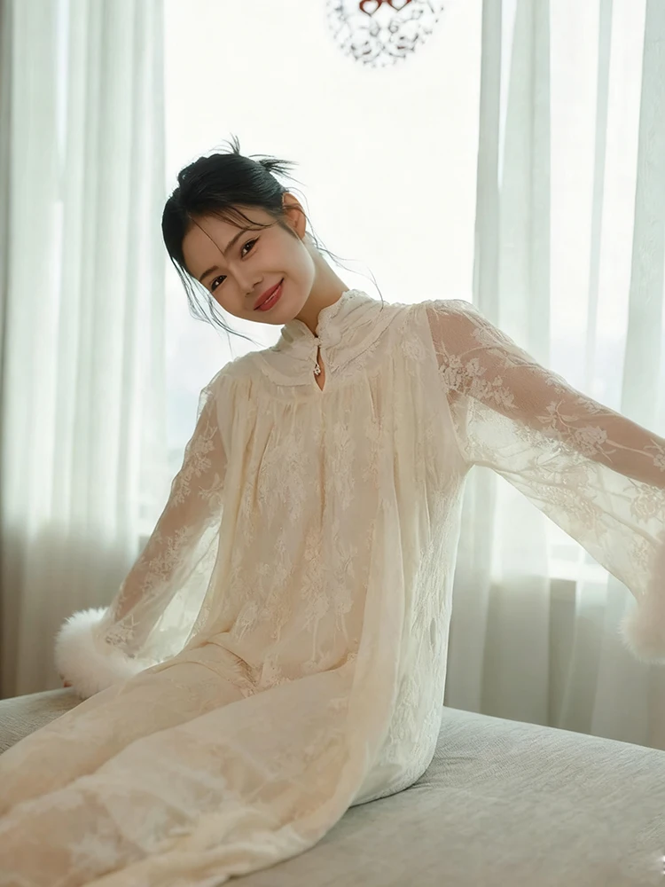 

Sweet Sle Wedding Dr Loose Lace Chinese Sle Women's Dr Autumn Winter A-Line Skirt Long Sve Full Length Gown