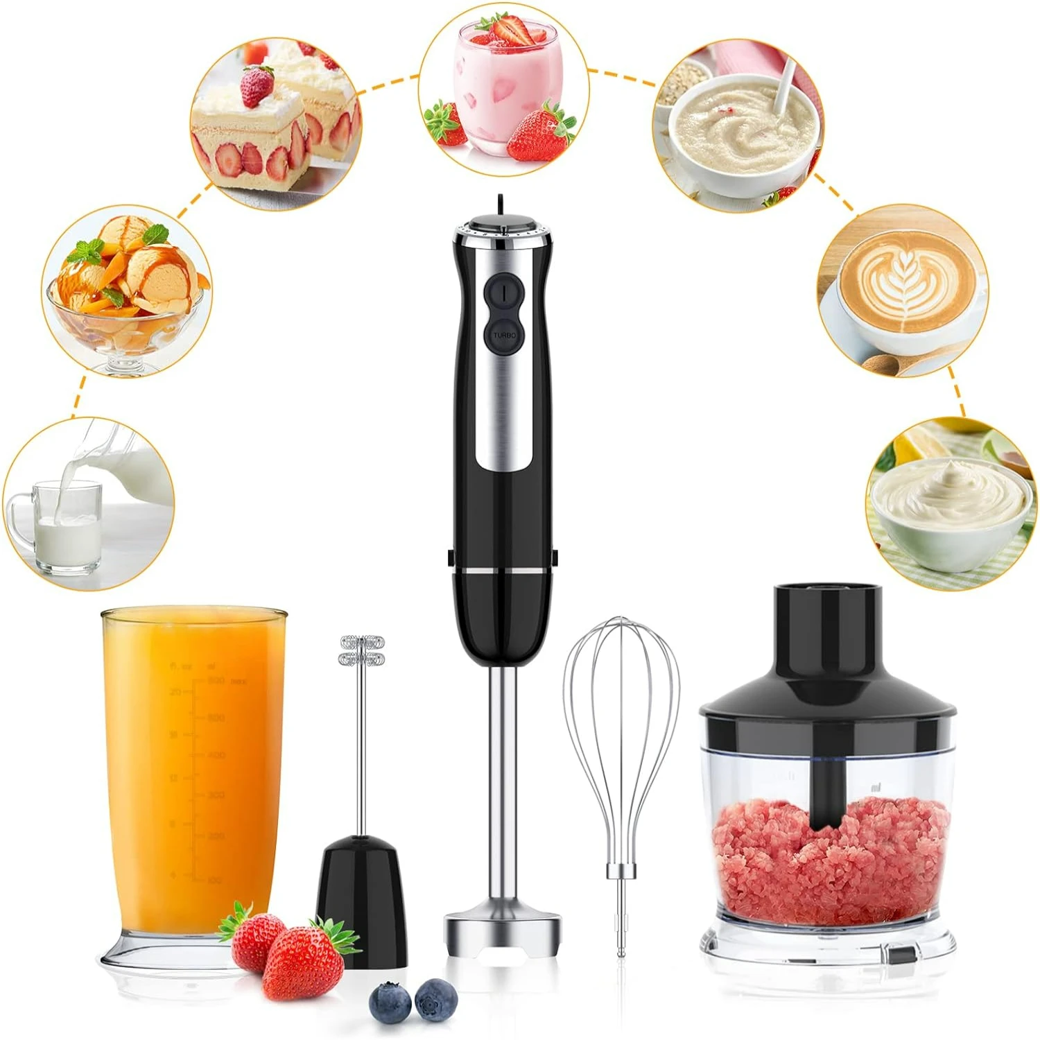 

Powerful BPA Free 800W 5 in 1 Hand Blender with 12 Speed & Turbo Mode for Smoothies, Soup, Sauce - Includes 600ml Mixing Beaker,