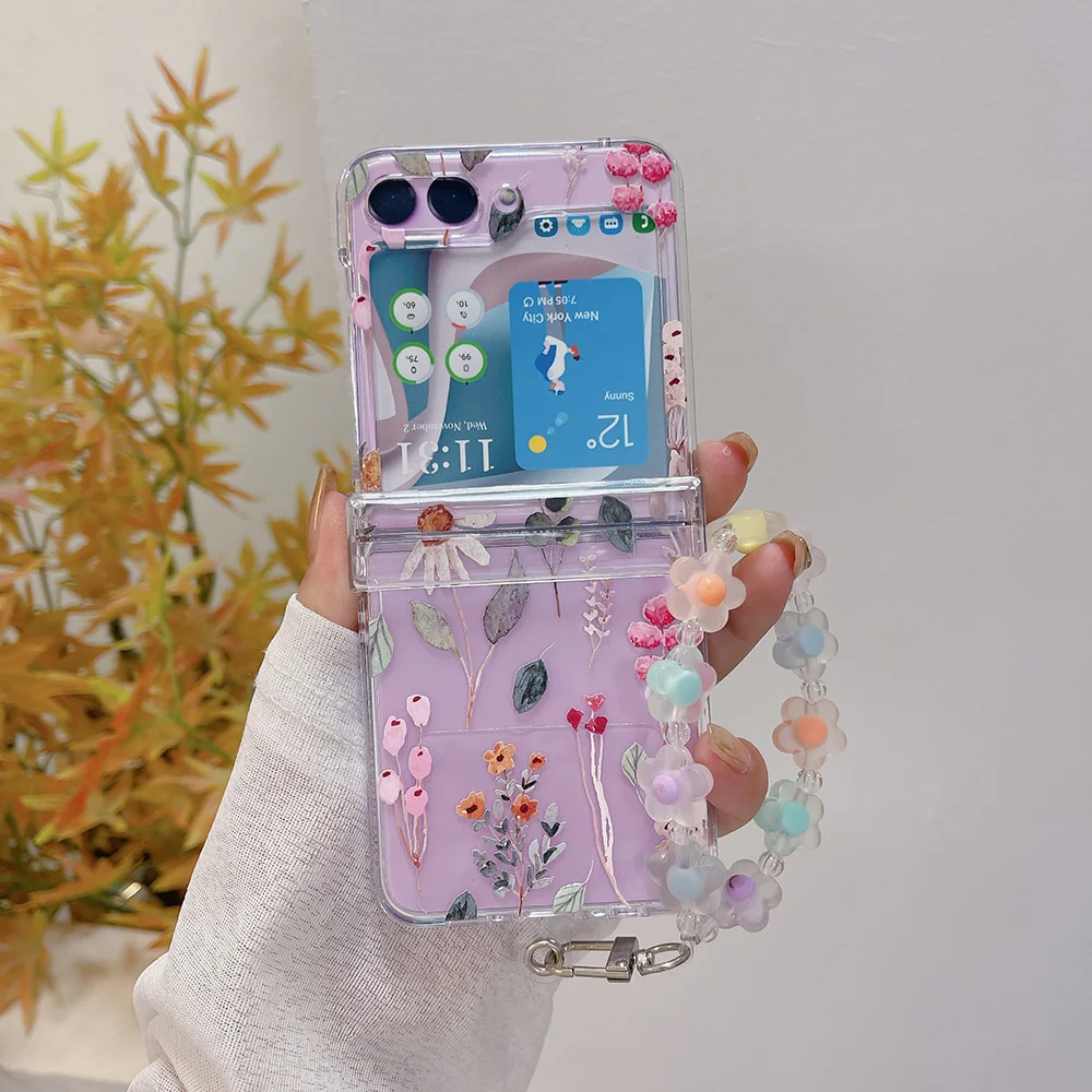 For Samsung Galaxy Z Flip 5 4 3 Case Hand Drawn Flowers Bracelet Transparent Hinge All-inclusive Folding Shockproof Hard Cover