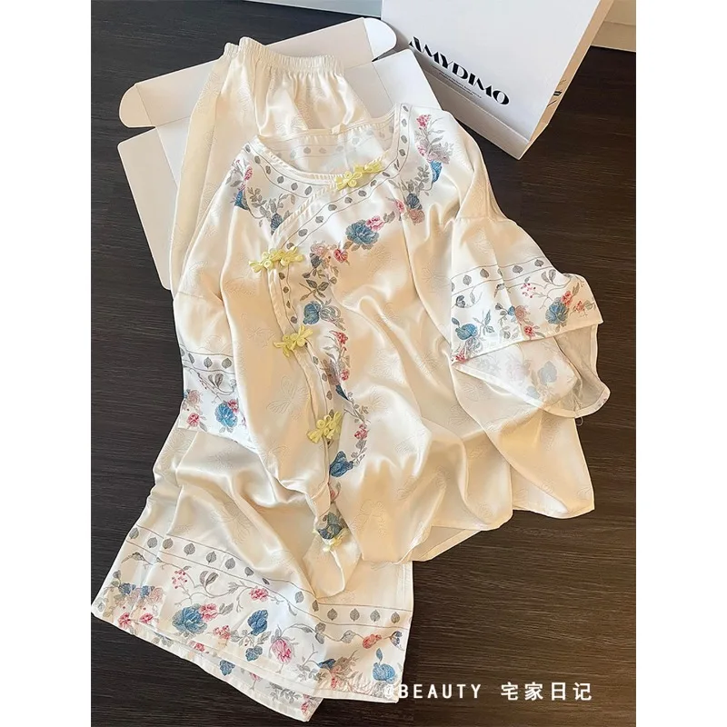 

New Chinese Style Han Element Pajamas Women's Summer 2026 New Improved Jacquard Short-sleeved Trousers Loungewear Set
