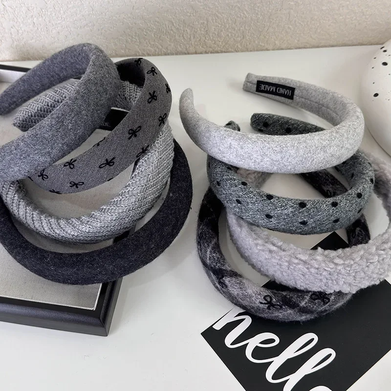 Grey Series Headbands Retro Knitted Bow Wide Hair Band for Woman Girl Elegant Hair Hoop Lady Winter Fashion Hair Accessories New