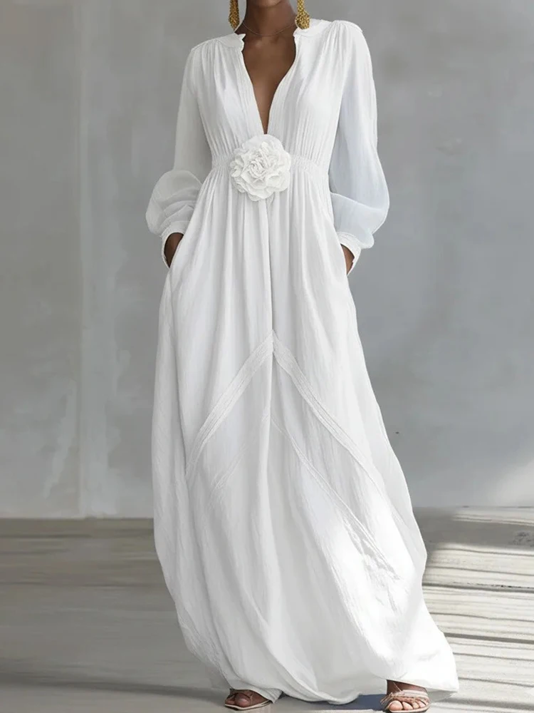 Neues Damen-Maxikleid mit langen Ärmeln und V-Ausschnitt, einfarbig, Patchwork, schick, für Sommer, Urlaub, Party, locker, lässig, elegant, Streetwear
